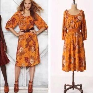 Anthropologie Cara Cara Silk Peasant Dress by Moulinette Soeurs orange floral